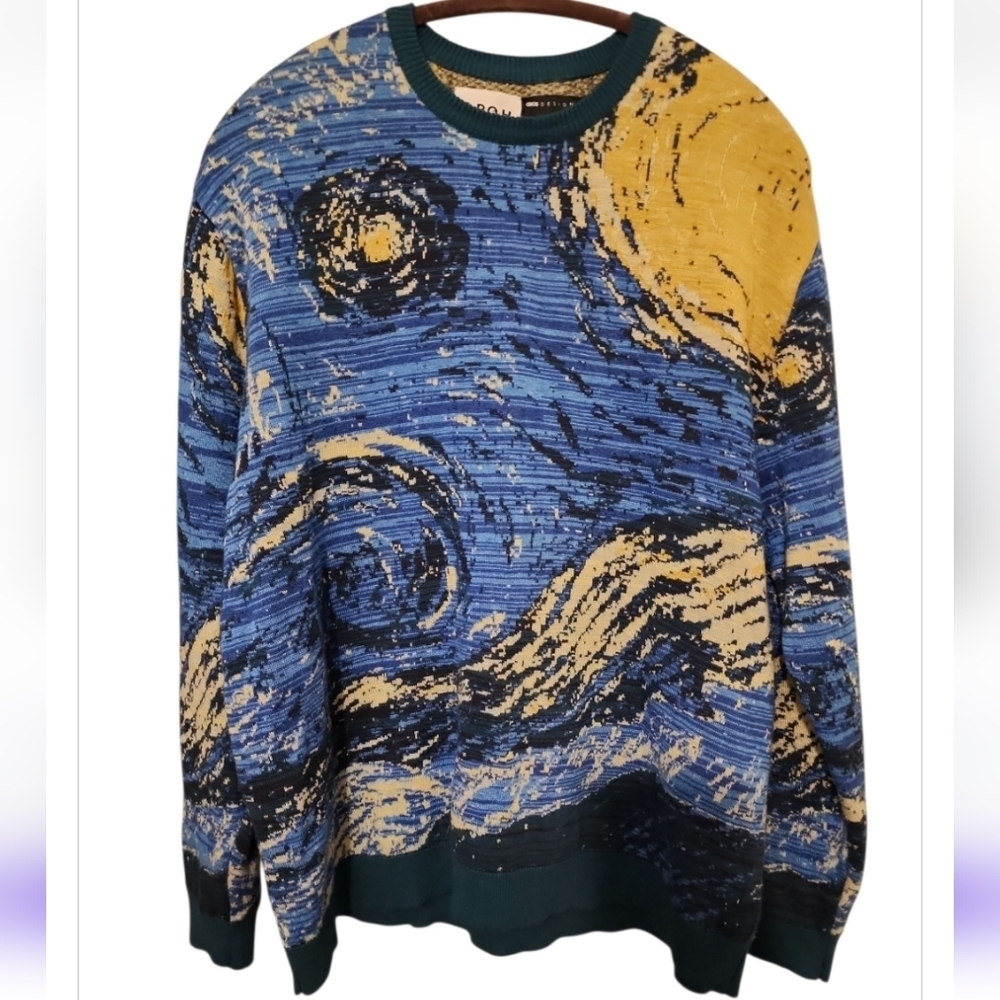 ASOS DESIGN Van Gogh Jacquard Knit Sweater A.P.O.H. Blue Yellow Size Medium - Picture 2 of 7